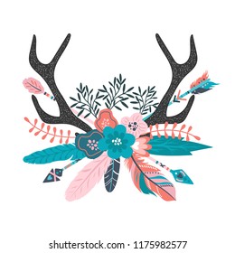 Vector boho floral illustration - deer horns with arrow, colorful flower bouquets for wedding, anniversary, birthday, invitations, tribal native american symbol, bohemian, indian, DIY