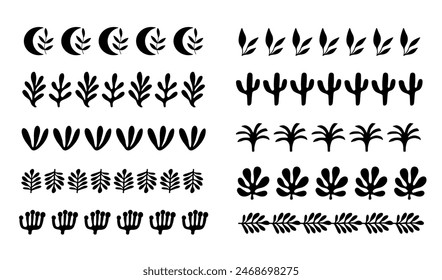 Vector Boho Floral Formas Doodle Borders Set. Plantas Ornamento Formas Orgánicas Trazos Colección. Divisores simples estilo Antiguas. Elementos de diseño decorativos aislados en blanco