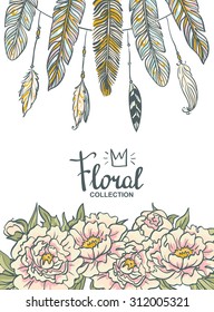 Vector boho floral wedding invitation. Pink peonies and feathers.