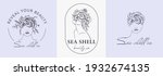 Vector Boho girl logo. Woman Head with sea shell, flowers, bonnet. Illustration  in vintage style, for beauty center, fashion studio, haircut salon and cosmetics.