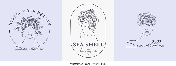 Vector Boho Girl Logo. Woman Head With Sea Shell, Flowers, Bonnet. Illustration  In Vintage Style, For Beauty Center, Fashion Studio, Haircut Salon And Cosmetics.