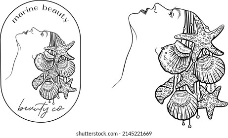 Vector Boho girl logo. Woman Head with sea shell, flowers. Illustration in vintage style, for beauty center, fashion studio, haircut salon and cosmetics.