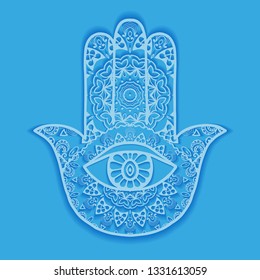 Vector boho hamsa hand, protection amulet, symbol of strength and happiness with tribal ethnic doodle ornament. Hand drawn ornate hand with shadow. Isolated design element