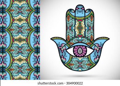 Vector boho hamsa hand, protection amulet, symbol of strength and happiness with seamless geometric pattern.