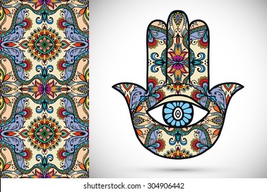 Vector boho hamsa hand, protection amulet, symbol of strength and happiness with seamless geometric pattern.