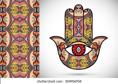 Vector boho hamsa hand, protection amulet, symbol of strength and happiness with seamless geometric pattern.