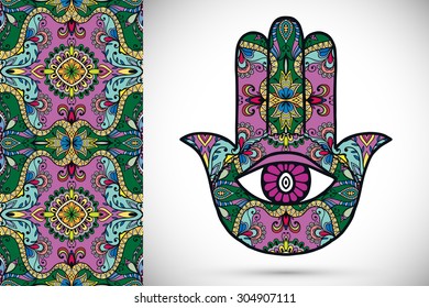 Vector boho hamsa hand, protection amulet, symbol of strength and happiness with seamless geometric pattern.