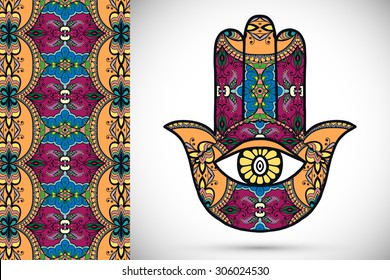 Vector boho hamsa hand, protection amulet, symbol of strength and happiness with geometric pattern.