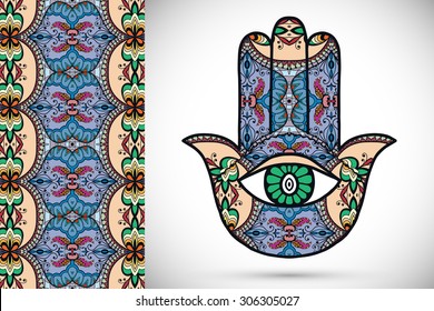 Vector boho hamsa hand, protection amulet, symbol of strength and happiness with seamless geometric pattern.