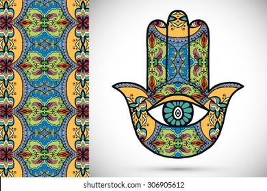 Vector boho hamsa hand, protection amulet, symbol of strength and happiness with seamless geometric pattern.