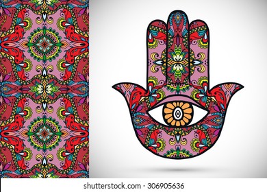 Vector boho hamsa hand, protection amulet, symbol of strength and happiness with seamless geometric pattern.