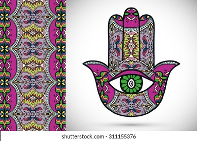 Vector boho hamsa hand, protection amulet, symbol of strength and happiness with seamless geometric pattern.