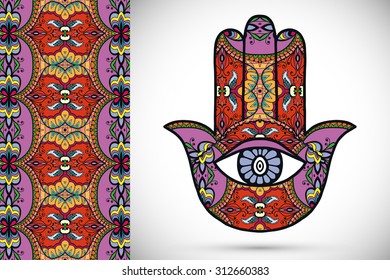 Vector boho hamsa hand, protection amulet, symbol of strength and happiness with seamless geometric pattern.