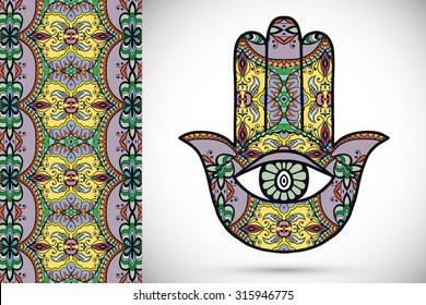 Vector boho hamsa hand, protection amulet, symbol of strength and happiness with seamless geometric pattern.