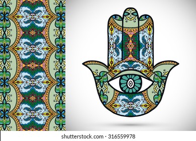 Vector boho hamsa hand, protection amulet, symbol of strength and happiness with seamless geometric pattern.