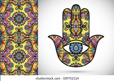 Vector boho hamsa hand, protection amulet, symbol of strength and happiness with seamless geometric pattern.