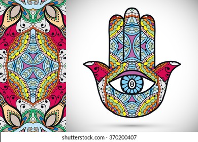 Vector boho hamsa hand, protection amulet, symbol of strength and happiness with seamless geometric pattern.