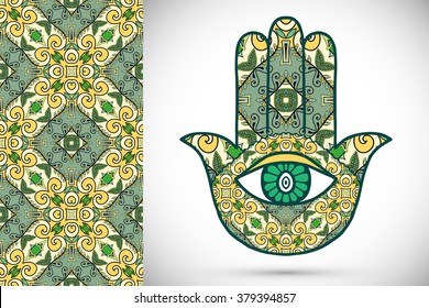 Vector boho hamsa hand, protection amulet, symbol of strength and happiness with seamless geometric pattern.