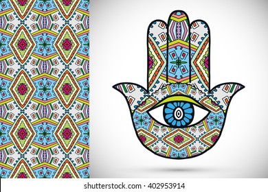 Vector boho hamsa hand, protection amulet, symbol of strength and happiness with seamless geometric pattern.