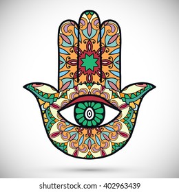 Vector boho hamsa hand, protection amulet, symbol of strength and happiness with tribal ethnic ornament.