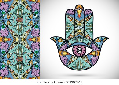 Vector boho hamsa hand, protection amulet, symbol of strength and happiness with seamless geometric pattern.