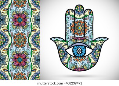 Vector boho hamsa hand, protection amulet, symbol of strength and happiness with seamless geometric pattern.