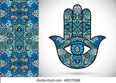 Vector boho hamsa hand, protection amulet, symbol of strength and happiness with seamless geometric pattern.