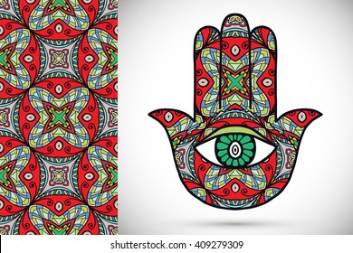 Vector boho hamsa hand, protection amulet, symbol of strength and happiness with seamless geometric pattern.