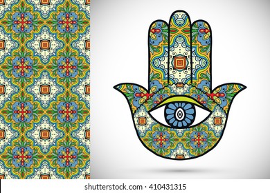 Vector boho hamsa hand, protection amulet, symbol of strength and happiness with seamless geometric pattern.