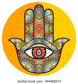 Vector boho hamsa hand, protection amulet, symbol of strength and happiness with tribal ethnic ornament. Isolated element for textile or paper print. Doodle colorful background