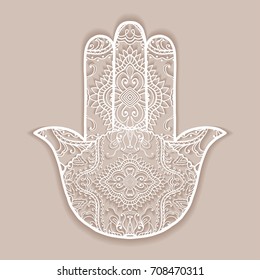 Vector boho hamsa hand, protection amulet, symbol of strength and happiness with tribal ethnic doodle ornament. Hand drawn ornate hand with shadow. Isolated design element