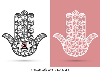 Vector boho hamsa hand, protection amulet, symbol of strength and happiness with geometric ornament. Hand drawn ornate hand with shadow. Isolated design elements, black and white