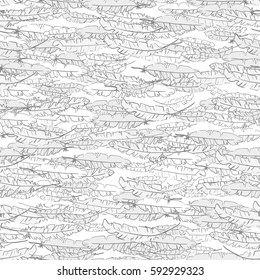 Vector boho hand drawn doodle seamless pattern with gray feathers on white background.