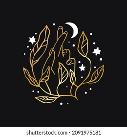 Vector boho hand floral celestial icon - star and moon gold logo