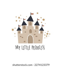 vector boho illustration of cute castle on white background, adorable textile design for children