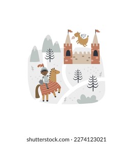 vector boho illustration of cute dragon, castle and knight on horseback on white background, adorable textile design for children