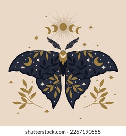 Vector boho illustration of night moon moth. For print for T-shirts and bags, decor element. Mystical and magical, astrology illustration