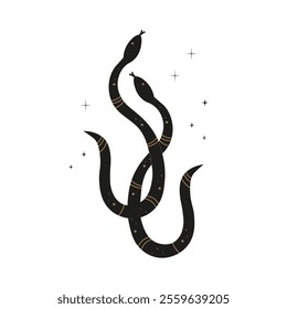 Vector boho illustration with snakes, stars, symbol of New Year. Hand drawn mystical reptiles on isolated background. Design elements for tattoo, card, print, paper, poster, logo, sign, flyer