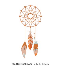 Vector boho laced dream catcher with feathers isolated on white background.