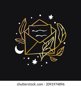 Vector boho letter, mail celestial icon - star and moon gold logo