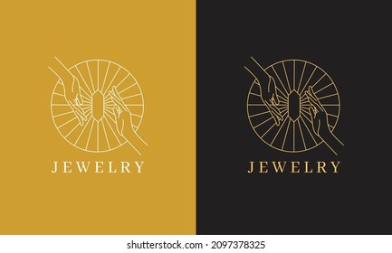 Vector Boho Logo, Icons and Symbols of Hand, Jewelry, and sun. Minimalist Luxury design template. For cosmetics, beauty, tattoo, Spa, manicure, jewelry store, spiritual, meditation