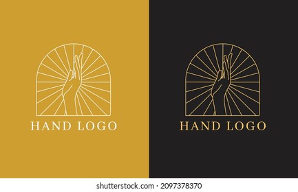 Vector Boho Logo, Icons and Symbols of Hand and sun. Minimalist Luxury design template. For cosmetics, beauty, tattoo, Spa, manicure, jewelry store, spiritual, meditation