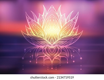 Loto vectorial boho con decoraciones ornamentales sobre el fondo borroso de la puesta de sol del océano. Flor de agua con adorno tribal al amanecer. Contacte con lirio en tranquilidad. Símbolo natural sagrado. 
