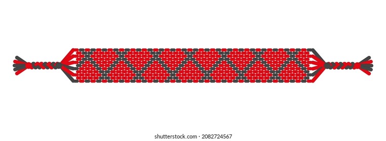 Vector boho love handmade hippie friendship bracelet of red and black threads. Macrame normal pattern. Valentine's day and free love