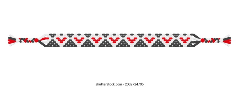 Vector boho love handmade hippie friendship bracelet of black, white and red threads.Macrame normal pattern. Valentine's day and free love