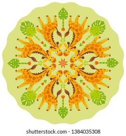 Vector boho Mandala with cute giraffes do yoga in a circle, hand drawn flat color illustration. With monstera. Funny african animal in the jungle cartoon character. Poster, banner, T-shirt design