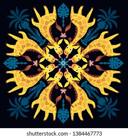 Vector boho Mandala with cute giraffes do yoga in a circle, hand drawn flat color illustration. With monstera. Funny african animal in the jungle cartoon character. Poster, banner, T-shirt design