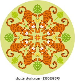 Vector boho Mandala with cute tigers in a circle, hand drawn flat color illustration. Funny African cats do yoga. Lazy african animal in the jungle cartoon character. Poster, banner, T-shirt design