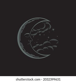 Vector boho moon with a face, clouds and stars on a black background. Sketch of a crescent tattoo in retro style. Dark mystical round illustration