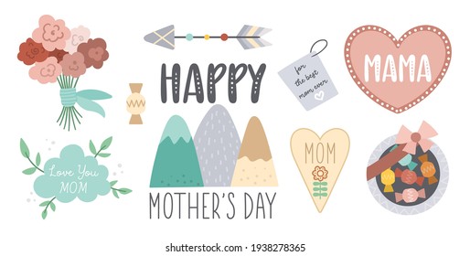 Vector boho Mothers day design elements collection. Cute holiday clipart. Mother and child design for card, print, poster with text. Mountans, bouquet, arrow, greeting card isolated on white
